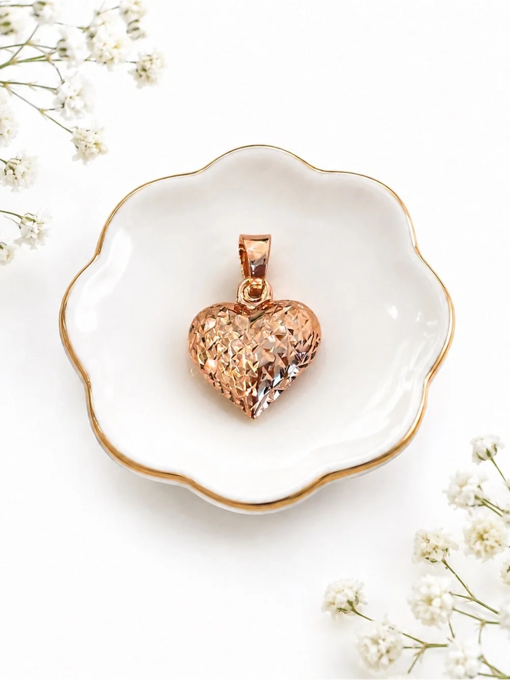 14k Rose Gold Diamond Cut Puffy Heart Pendant NEW Made in Italy